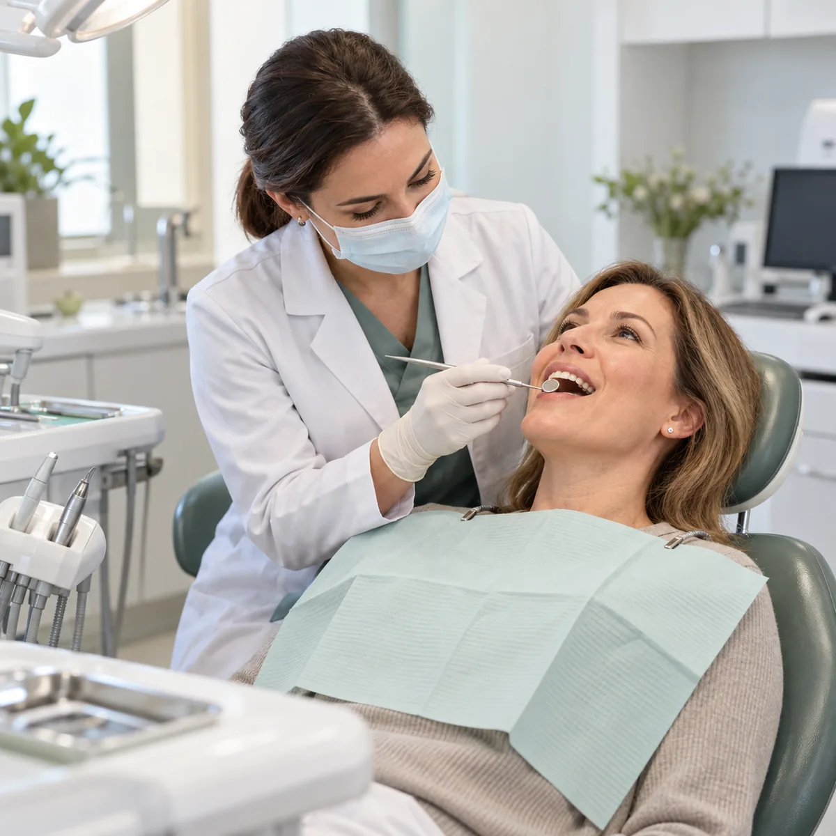 Mulher sendo atendida por uma dentista em uma consulta odontológica.